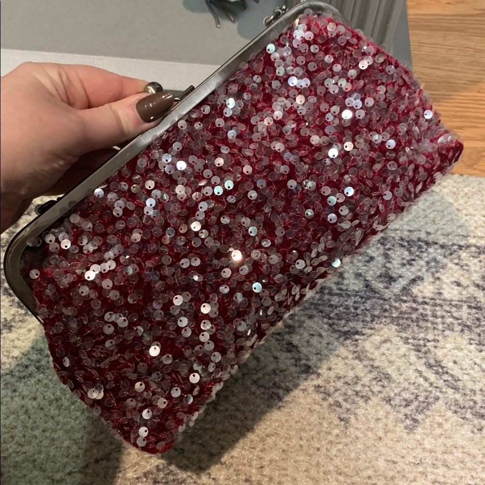 Patricia Nash Red Sequin Clutch potenaz frame bag silver new qvc kiss lock - Picture 3 of 6